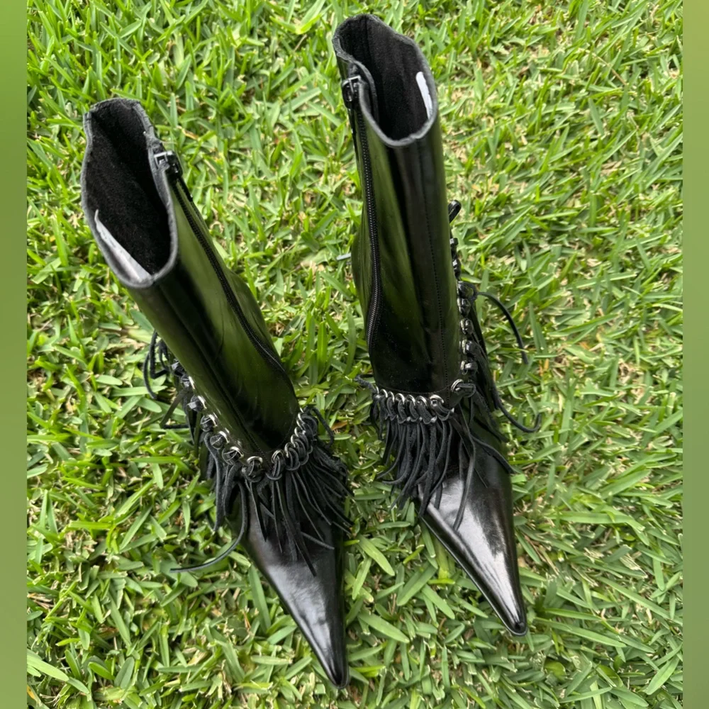Jeffrey Campbell Fringe Black Women's Heeled Boots - Picture 3 of 16